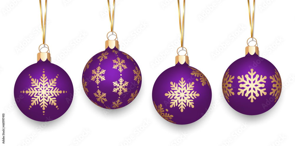 Christmas balls on a gold ribbon. Set of purple Christmas balls with snowflakes pattern isolated on white background.
