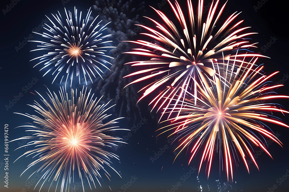 Fototapeta premium beautiful new year fireworks in the night, a illustration of xmas and new year celebration, new year 2024 fireworks in a night sky, new year and christmas fireworks wallpaper