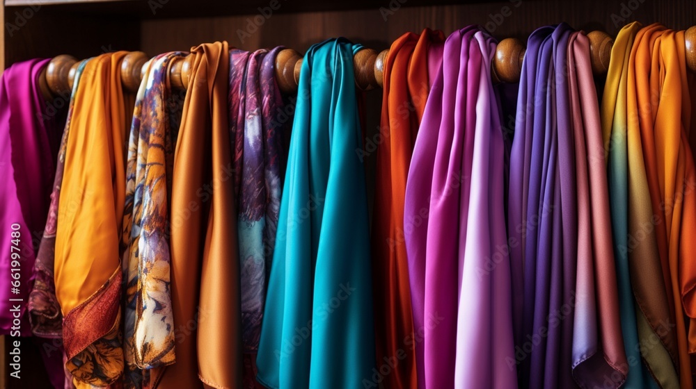 A cascade of colorful silk scarves hanging from a wooden rack.