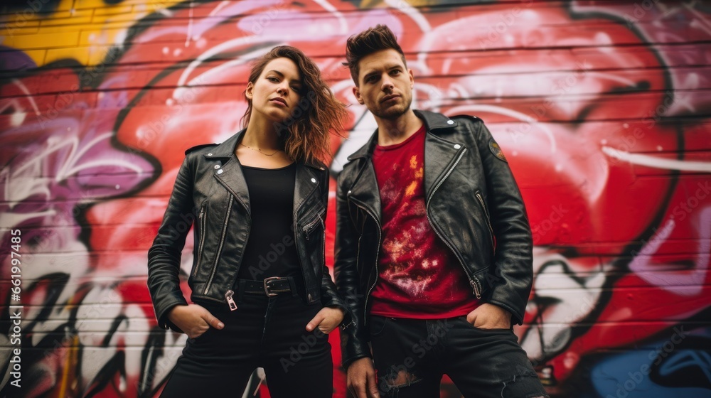 Young couple in leather jackets and 90s rock clothing style