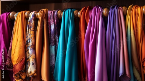 A cascade of colorful silk scarves hanging from a wooden rack.