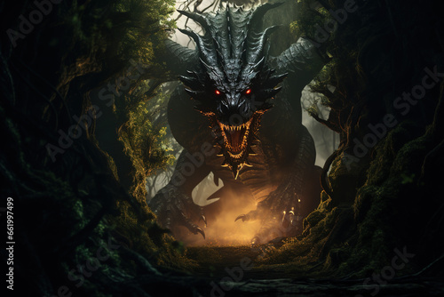 In a dense, shadowed forest, a dragon emerges from behind ancient trees, its breath setting ablaze a path in front of it