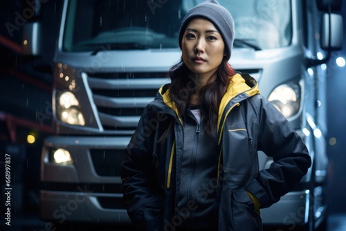 Asian Woman Industrial Truck Operator Employee Lifestyle Backdrop Generative AI