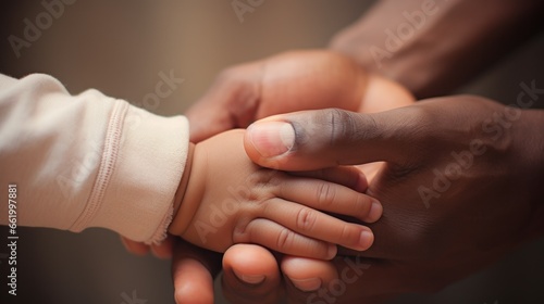 Parent holding her child's tiny hand