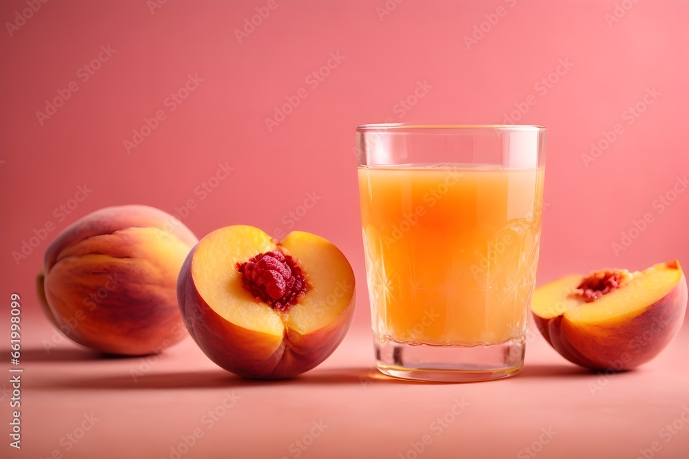 Whole Peach and Peach slice and Fresh Peach juice in a glass isolated on a pink background Whole Peach and Peach slice and Fresh Peach juice in a glass isolated on a pink background