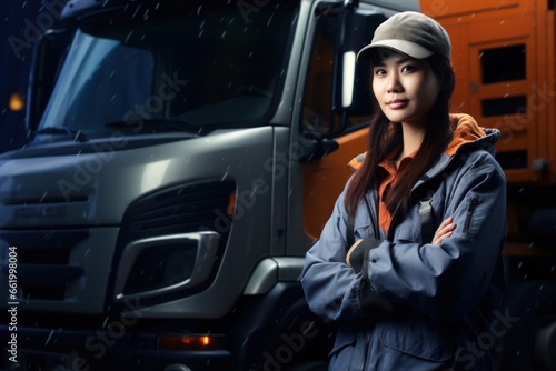 Asian Woman Industrial Truck Operator Industry Lifestyle Backdrop Generative AI