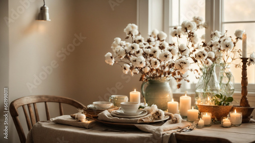 Interior of a room  table decorated with candles and cotton flowers.