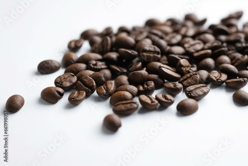 White background coffee beans, aerial view, in focus. Generative AI