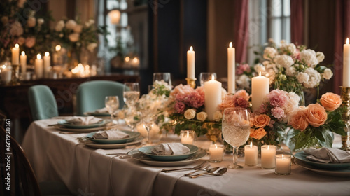 Wedding table setting with candles and flowers.