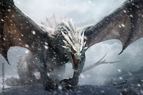 a white snow dragon soars in winter, its wings catching the snowflakes.  © EOL STUDIOS