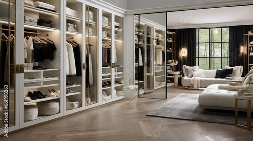 A chic and organized walk-in closet featuring custom shelving  mirrored doors  and ample storage for clothing and accessories.