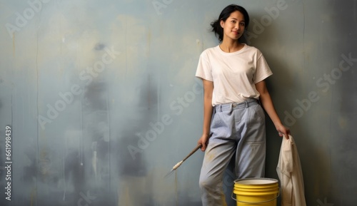 Asian Woman Janitor Job Attractive Backdrop Generative AI © Johnathan