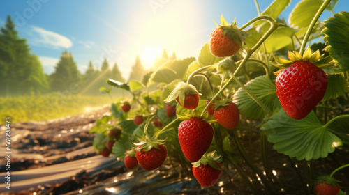 Full bloom strawberry organic farm in the morning with sun rise. Created using generative AI.