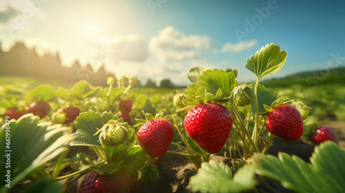 Fresh strawberry in the field and plantation under the sun light. Created using generative AI. © Sun