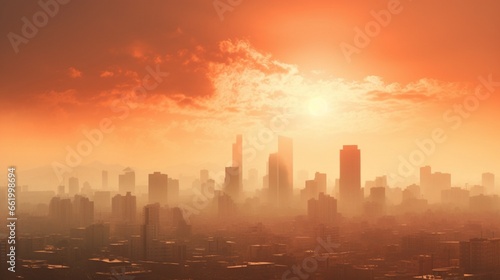 A cityscape shrouded in a hazy, heat-induced distortion, showcasing the effects of urban air thermal pollution. © Bea
