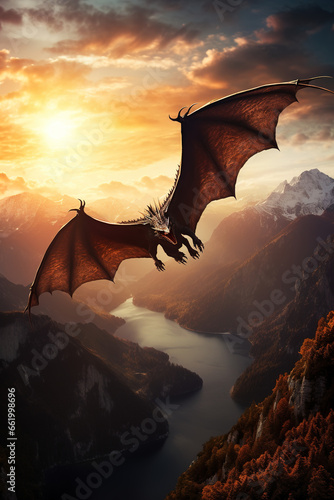 Silhouette of a dragon soaring high above a mountain range during sunset, casting a majestic shadow over the valleys below © EOL STUDIOS