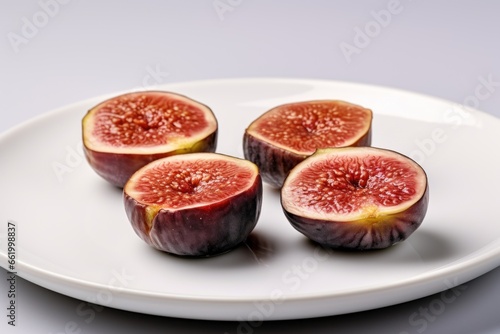  beautiful appetizing figs on a white plate on a white background