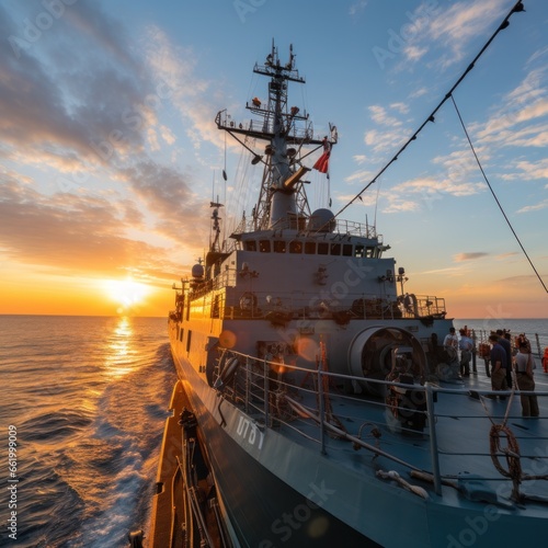 Sunset over a navy ship on the open sea