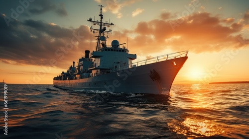 Foto Sunset over a navy ship on the open sea