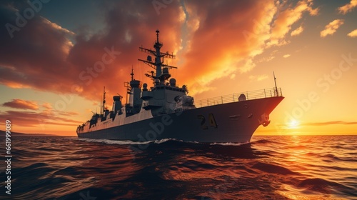 Fényképezés Sunset over a navy ship on the open sea