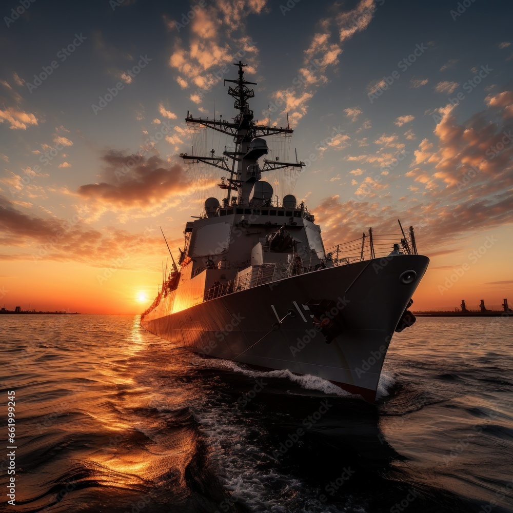 Sunset over a navy ship on the open sea Sunset over a navy ship on the open sea