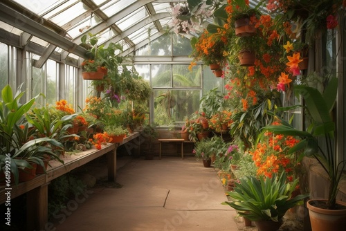 Interior of a Victorian greenhouse filled with vibrant tropical flowers. Generative AI