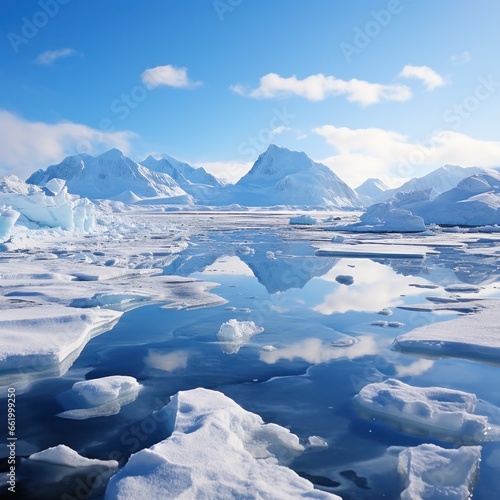 Snowy mountains reflected in calm water around ice floe