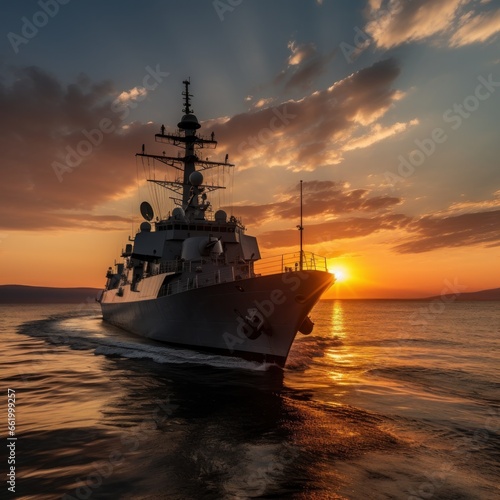 Sunset over a navy ship on the open sea