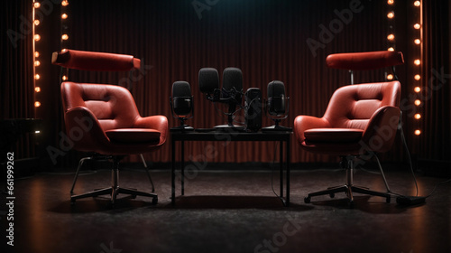 Podcasting, with two chairs and microphones set against a dark background.