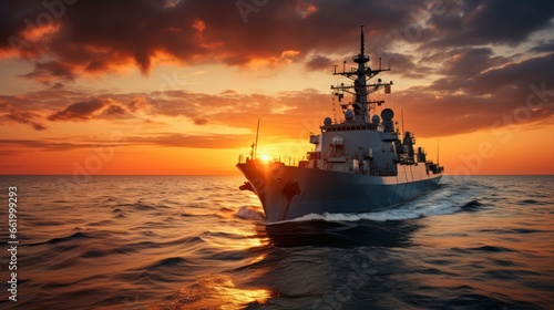 Sunset over a navy ship on the open sea