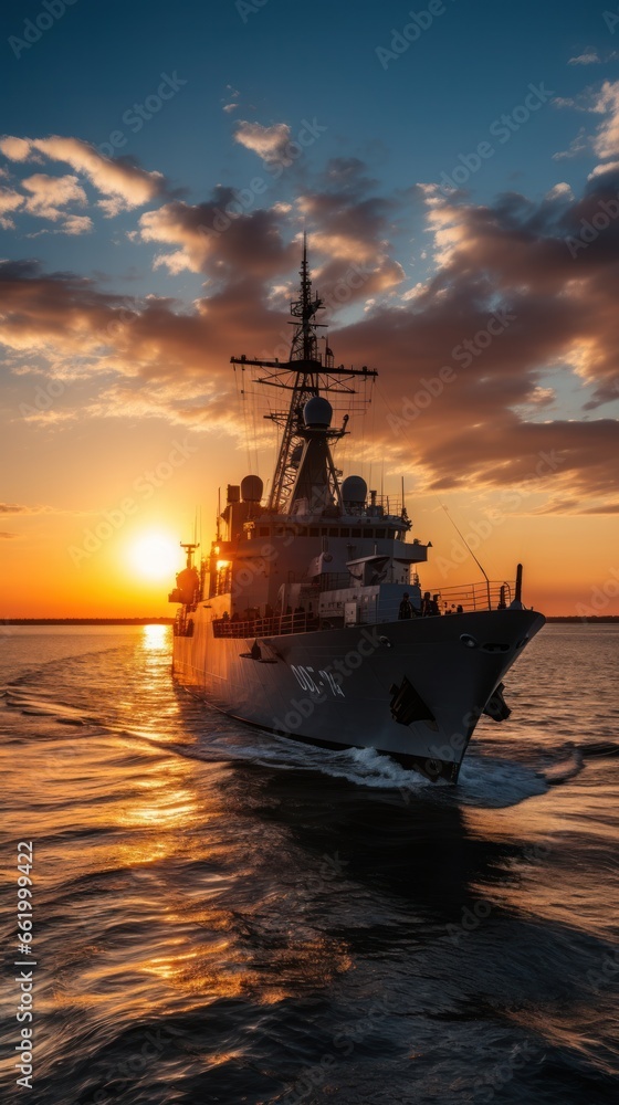 Sunset over a navy ship on the open sea Sunset over a navy ship on the open sea