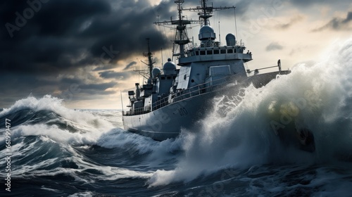 Warship sailing through rough waters
