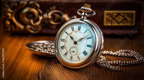 A close-up of a silver pocket watch lying on an antique wooden table.