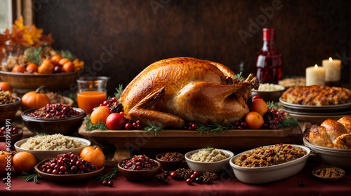 Thanksgiving country dinner, dishes, including turkey, stuffing, cranberry sauce, and more.