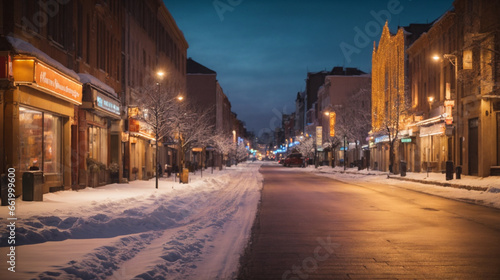 Empty city street during a winter evening.