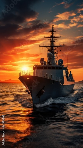 Sunset over a navy ship on the open sea