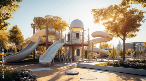 modern playground, fantastic urban design, childhood, place to walk with children, park, outdoor games, architecture, attractions, slides, play area, tunnel, kids house, windows, stairs, light, fun photo