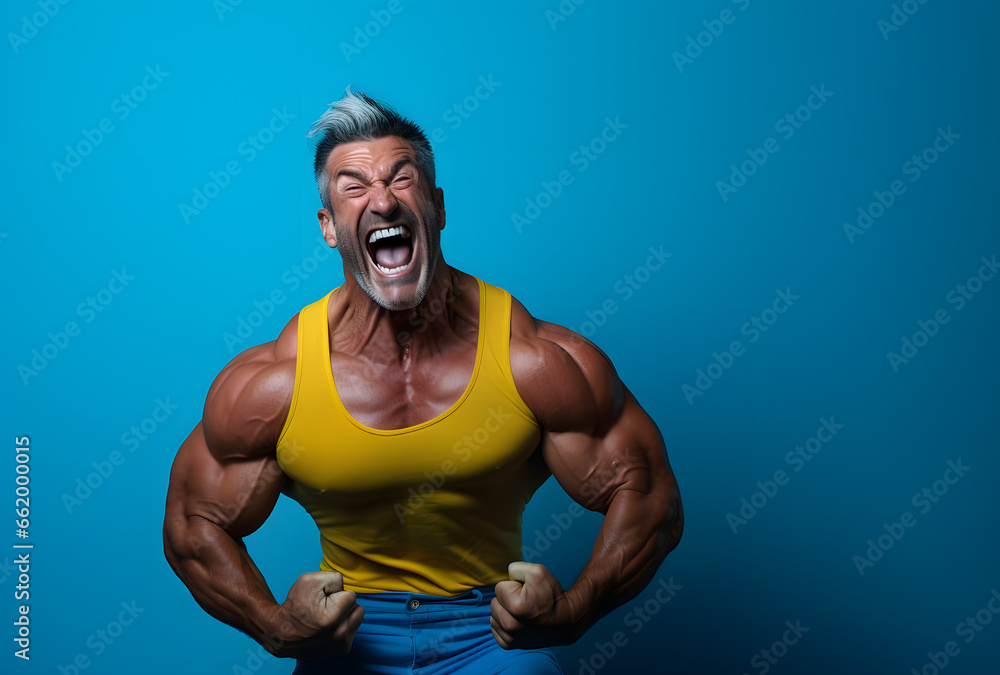 Older bodybuilder with grey hair flexing his muscles on a blue background