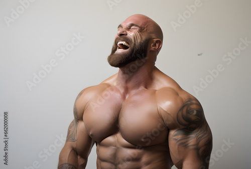 Shirtless bearded tattoed bodybuilder flexing his muscles and laughing on a white background