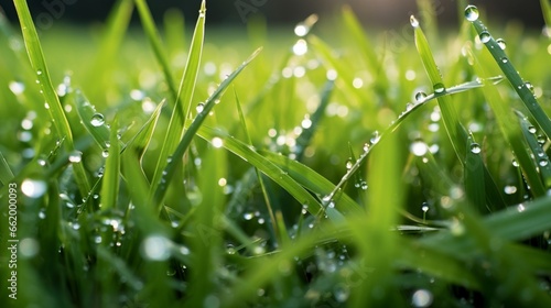 A close-up view of dew on blades of grass at dawn.