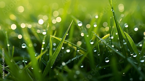 A close-up view of dew on blades of grass at dawn.