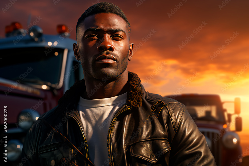 Handsome African truck driver on the background of a truck on the road. The profession of truck driver.