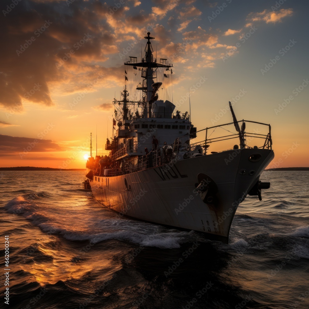 Sunset over a navy ship on the open sea Sunset over a navy ship on the open sea