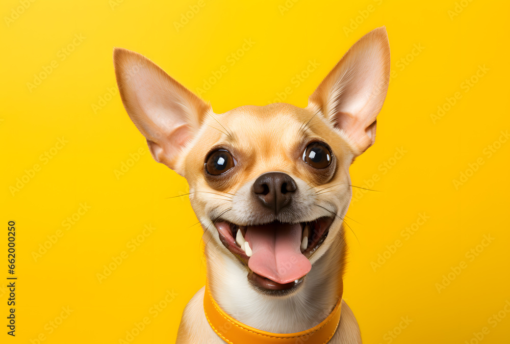 Portrait of a happy smiling small dog on a yellow background