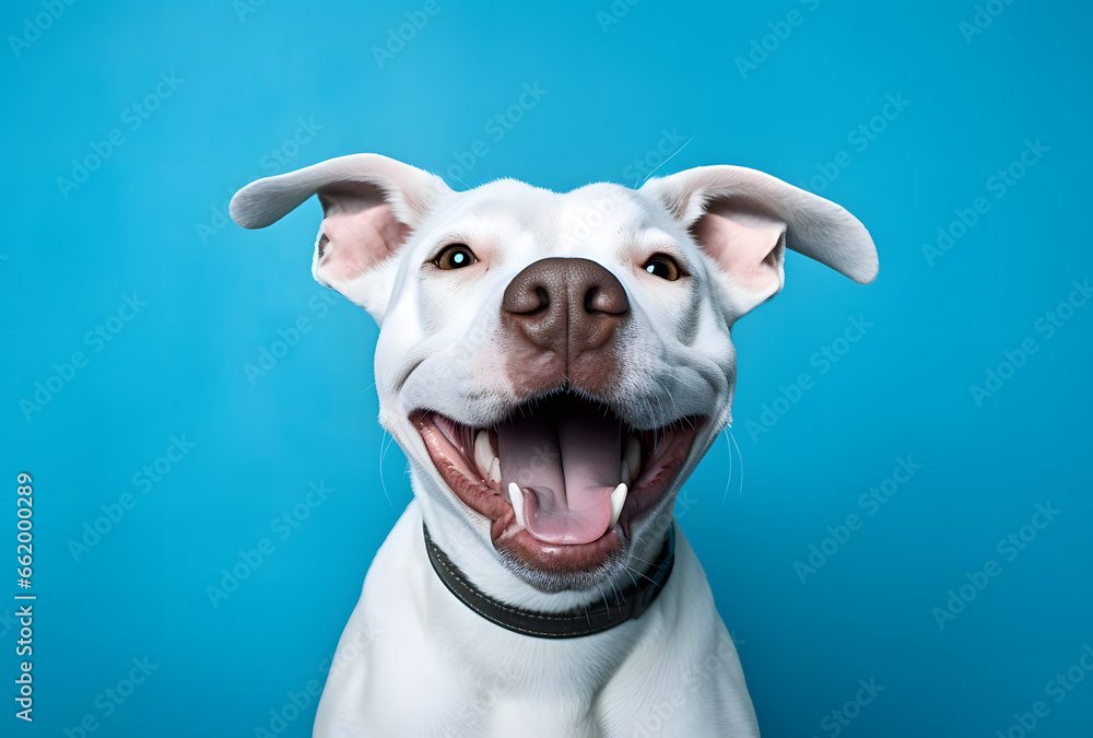 Portrait of a happy smiling dog on a blue background