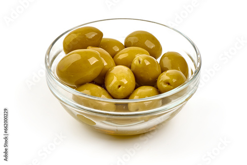Green olives, isolated on a white background.