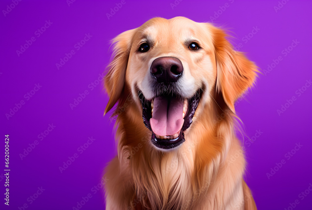 Portrait of a happy smiling golden retriever on a purple background
