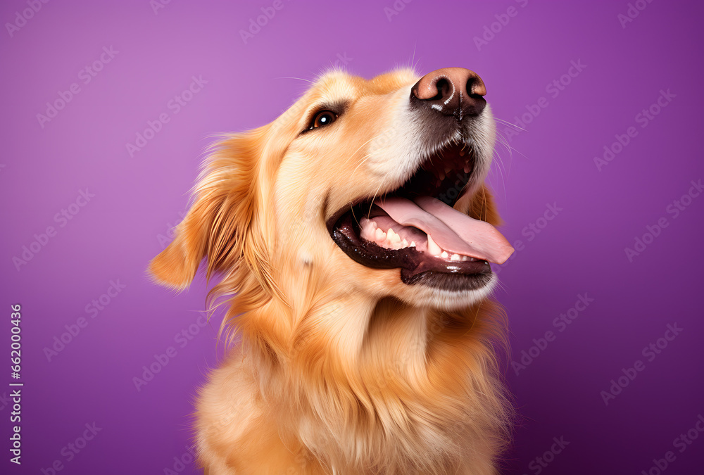Portrait of a happy smiling golden retriever on a purple background