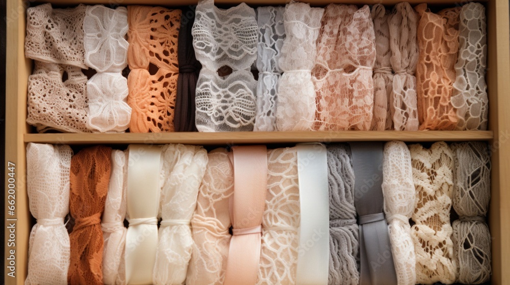 A collection of lace fabric samples in a wooden tray.