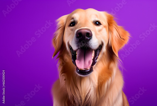 Portrait of a happy smiling golden retriever on a purple background